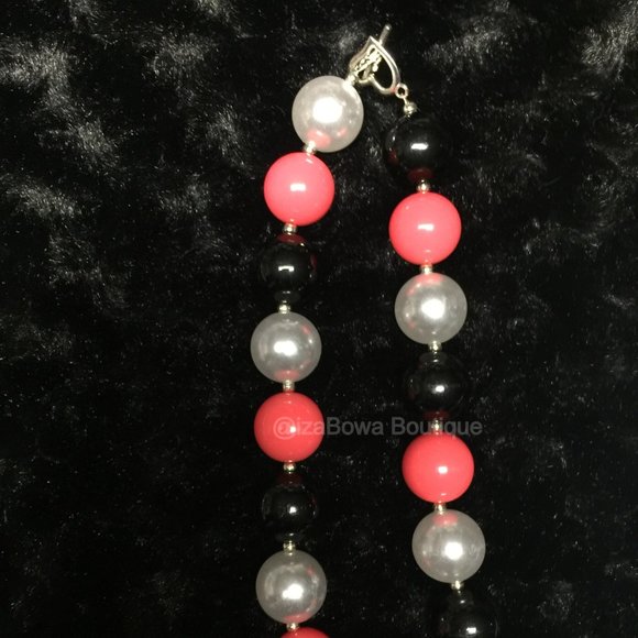 Black, Cherry Red & White Chunky Bead Necklace HAND CRAFTED